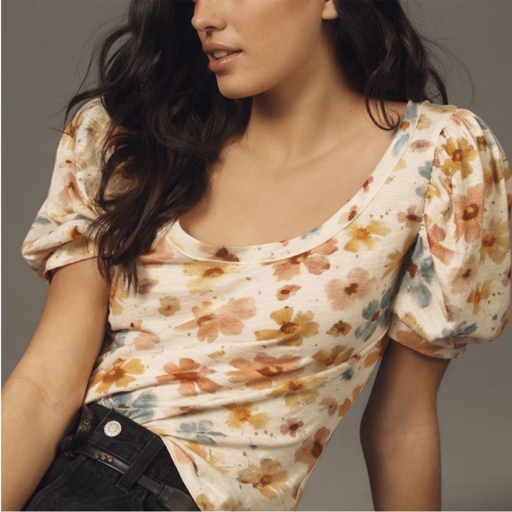 NWT Anthropologie Scoop Neck Floral Print Puff-Sleeved Cotton Shirt Sz XS